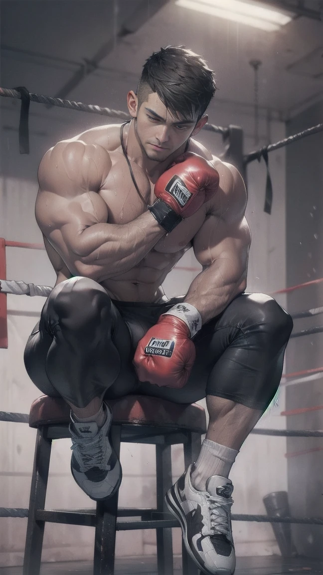 Korean man, Age 25 years, wet skin, muscular, distinct features ,Wearing Spandex tight boxer briefs, a boxing ground, Sitting in the corner stool above the ring, considerable exhaustion, His body changed with sweat, full entire body, realistic photo,8k , high definition , perfect detail , photo,topless,(shirtless),(Bodybuilder),thick, sturdy waist and lower body,(topless),(He's resting with his arms on the rope of the boxing field),playing in the WBA(World Boxing Association),(a large spectator stadium), ((wearing a boxing glove for a match)),12-ounce red boxing gloves,(From  Below),(Arms down),(Wear boxing socks),(Hands on thighs pose),(Hands on thighs pose),(Hands down),(Hands down),(Hands down),clear, big eyes

