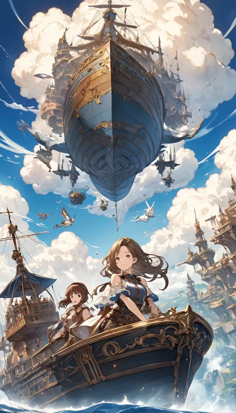 anime girl flying in the sky、long hair、elf girl、super beautiful、beautiful、a large ship flying in the sky in the background, a la...