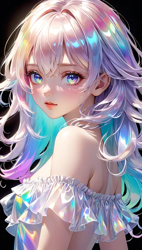 conceptual installation pastel color colorful artwork, kawaii beauty, striking beautiful eyes, glossy silky messy hair, amorous ...