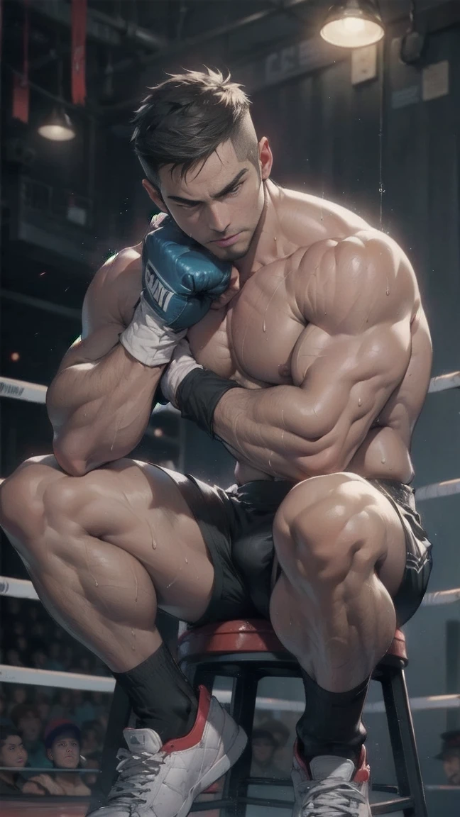 Korean man, Age 25 years, wet skin, muscular, distinct features ,Wearing Spandex tight boxer briefs, a boxing ground, Sitting in the corner stool above the ring, considerable exhaustion, His body changed with sweat, full entire body, realistic photo,8k , high definition , perfect detail , photo,topless,(shirtless),(Bodybuilder),thick, sturdy waist and lower body,(topless),(He's resting with his arms on the rope of the boxing field),playing in the WBA(World Boxing Association),(a large spectator stadium), ((wearing a boxing glove for a match)),12-ounce red boxing gloves,(From  Below),(Arms down),(Wear boxing socks),(Hands on thighs pose),(Hands on thighs pose),(Hands down),(Hands down),(Hands down),clear, big eyes

