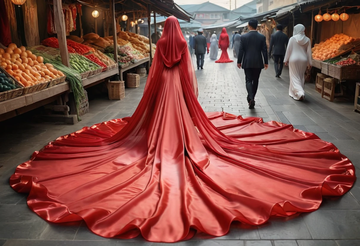 A woman shrouded in a 7-meter-long, plush red transparent satin shimmer cloth, tightly bound and grandly draping along the form of her body, flowing off into a pooled floor-length train and poof style on bottom, styled in a mermaid-inspired, her head modestly veiled in a satin shimmer hijab, 175 weight woman, walk in traditional market, a full-body pose conveying a sense of elegance, captured in a 4k resolution, ultra-realistic