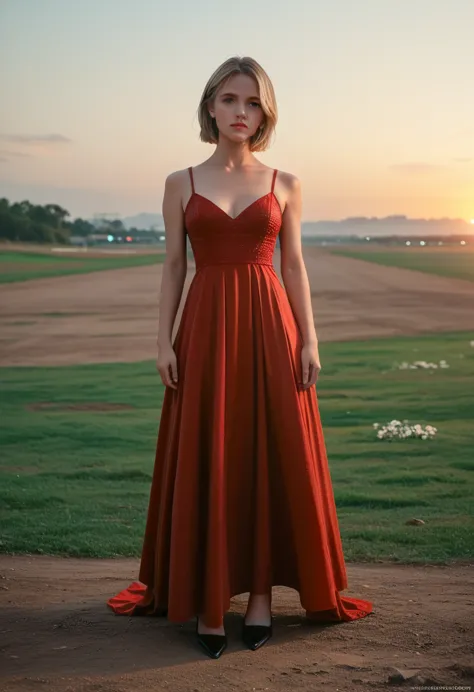 full body image, sydney sweeney, red dress with low cut breasts, black highheels, cinematic light, uhd, 4k, intricate, sunset, c...