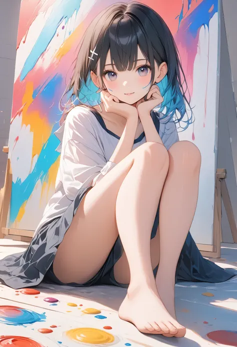 Dough, Thick Paint,(Amazingly absurd)),(masterpiece:1.2),超High resolution, Attention to detail, high quality, High resolution, 最high quality, 4K, 8k、Beautiful work,Artwork using paint、Colorful gradient、Girl with paint on face and body、Sit in front of the artwork、sitting cross-legged