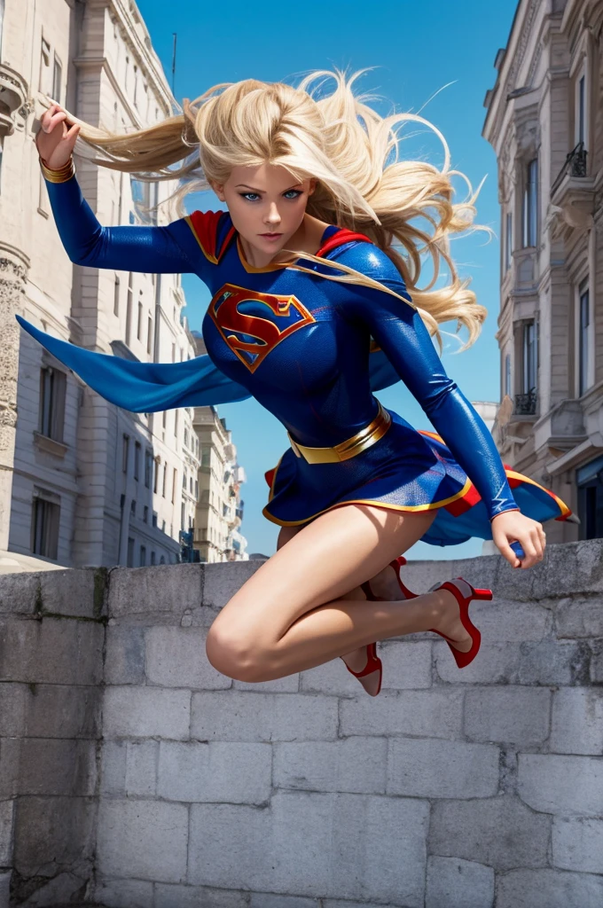 create a 3d image of a beautiful woman, European blonde, light eyes, with supergirl dress, in defensive position to attack, flying through the city