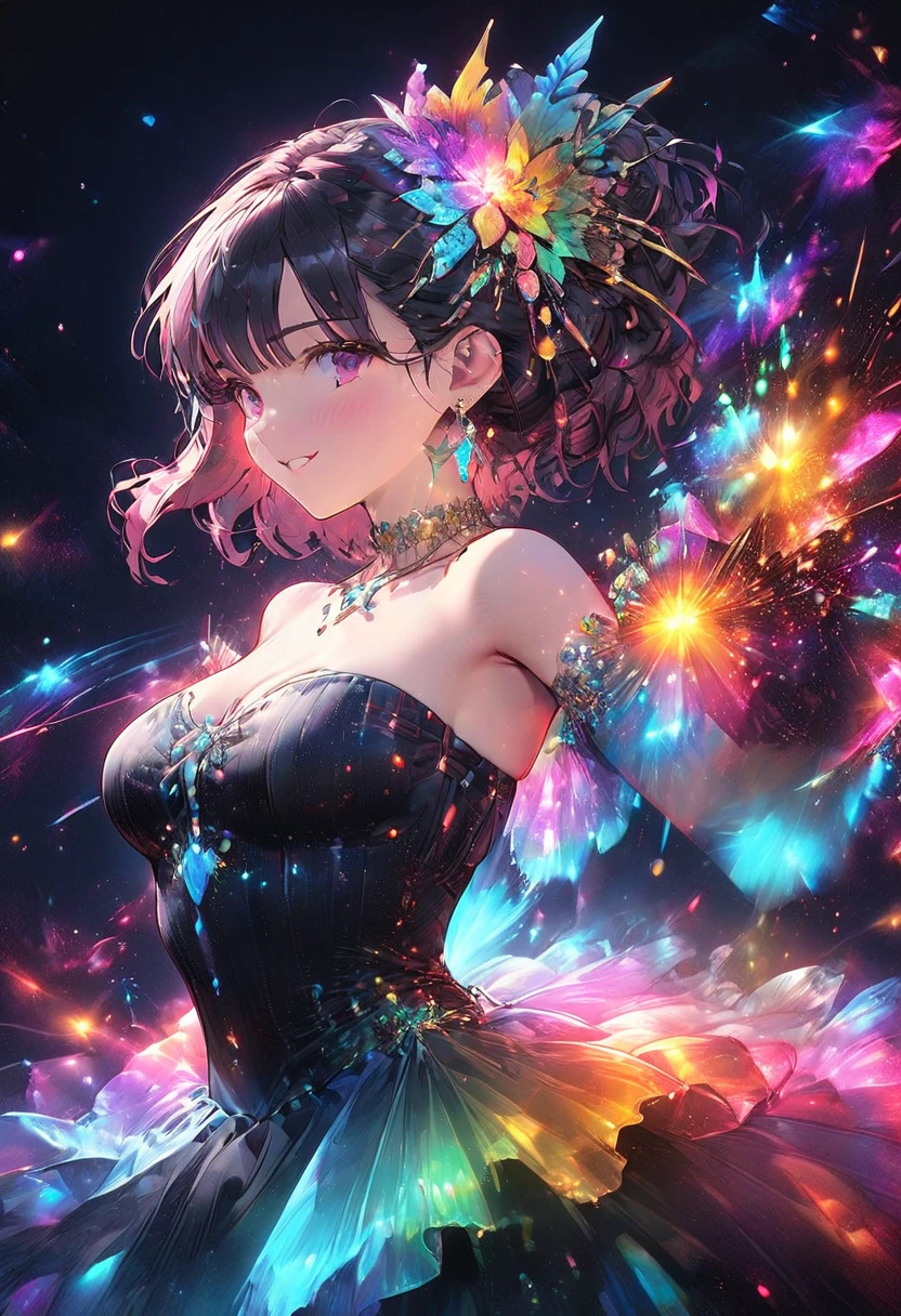 (super detail, high details, best quality, highres, uhd, 16K, masterpiece:1.2, Highest quality:1.2), Ruby, garnet, Aquamarine, Topaz, Emerald, Black Onyx, diamond, amber, lapis lazuli, One Girl, A body made of colorful jewels, dancing