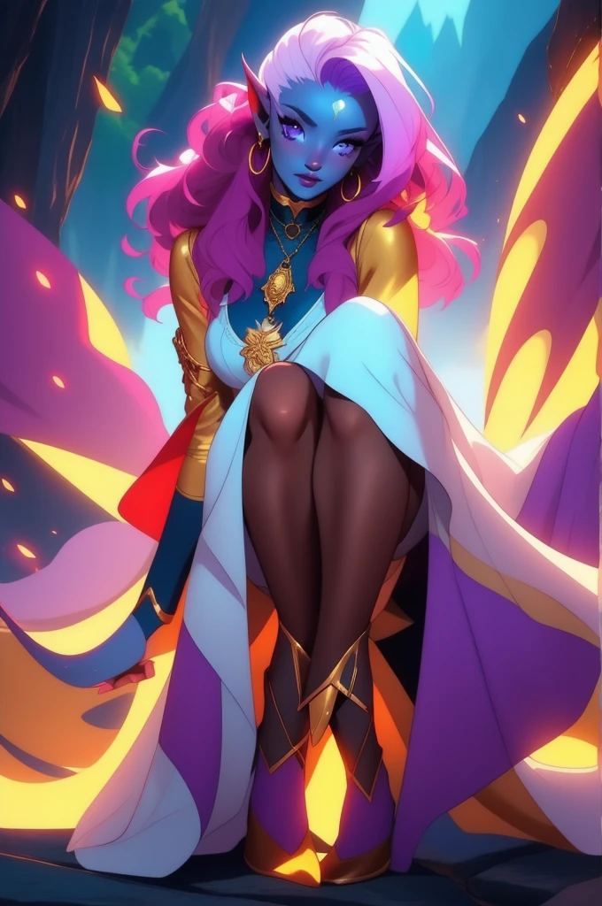 a blue-skinned female tiefling, horn curved , long white curly hair, lilac eyes, using a short skirt with white tights above the knee, golden earrings and a choker with a pendant, on the forehead a red crystal, model pose   , in the linear art style, hd, natural lighting, warm colors, full body