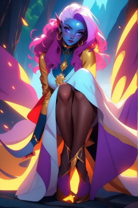 a blue-skinned female tiefling, horn curved , long white curly hair, lilac eyes, using a short skirt with white tights above the...