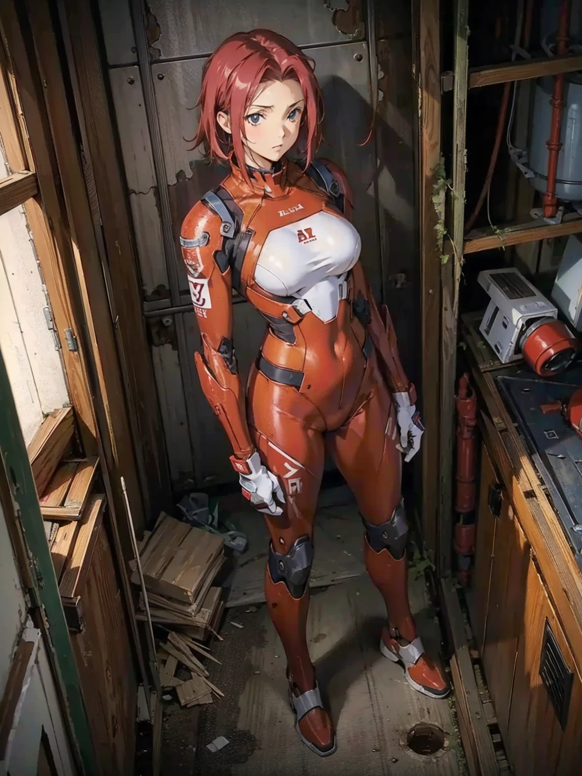 Karen Kouzuki、Highest quality, masterpiece, High resolution, alone,Red pilot suit, (Abandoned factory warehouse in a future city),