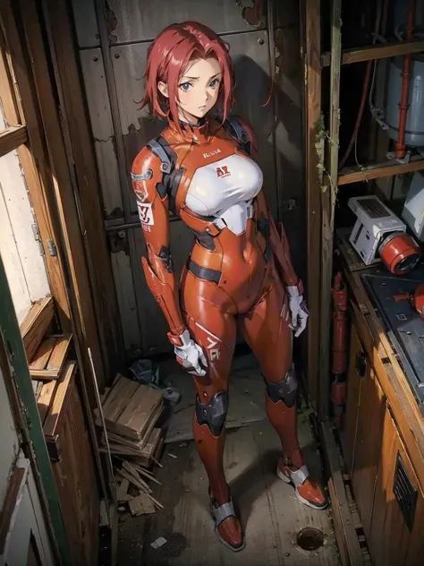 karen kouzuki、highest quality, masterpiece, high resolution, alone,red pilot suit, (abandoned factory warehouse in a future city...