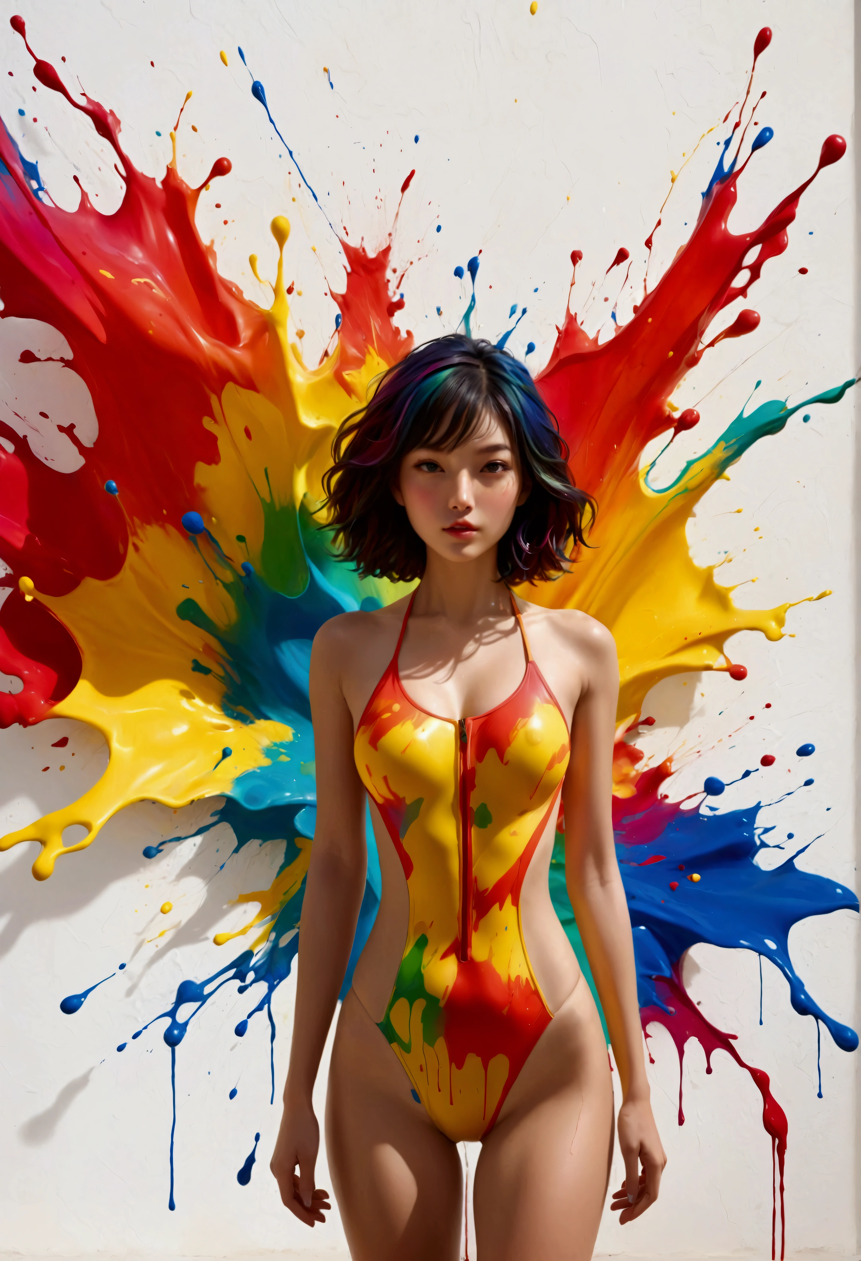 Create a masterpiece of digital visual delight featuring a beautiful female wearing a colorful one-piece swimsuit, standing in front of a white wall. A vibrant, explosive splash of paint radiates from the center of her swimsuit, seamlessly connecting the colorful explosion to the wall behind her. The burst of color originates from the center of her one-piece, with the vibrant reds, blues, yellows, and greens flowing outward in all directions, blending into the wall as if the explosion started from her swimsuit and spread onto the surrounding space.

The illusion should be striking, with the colors in her swimsuit perfectly aligned with the splash on the wall, creating a mesmerizing effect where the boundaries between the outfit and the wall blur. The detailed shading and vivid hues enhance the visual impact, giving the scene a dynamic, playful, and immersive quality. The composition celebrates the fusion of color and form, making the artwork bold and visually captivating.