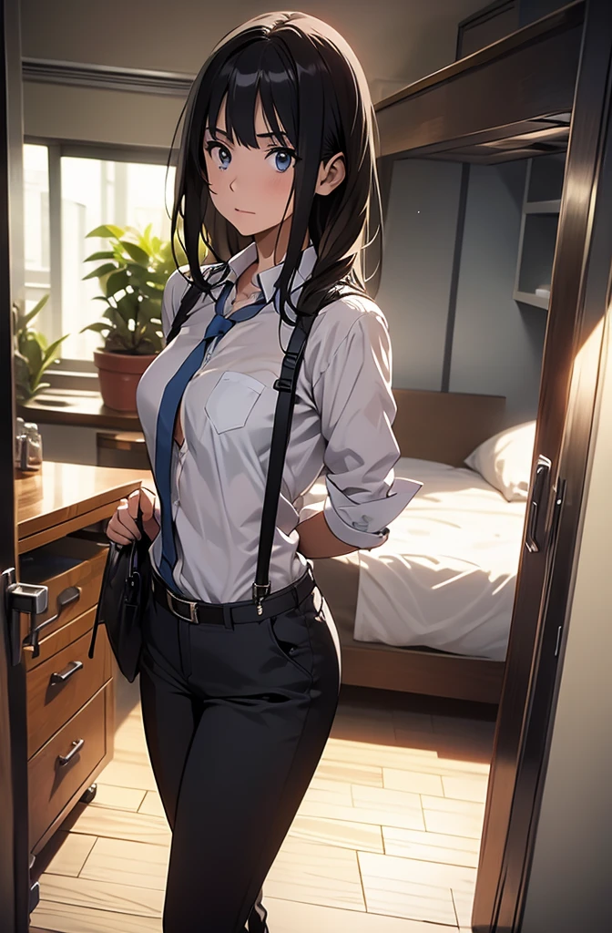 a woman in a suit, belt, hands behind back, sweating, suspenders, black pants, large breasts, see-through clothing, rain, detective, office worker, white button-up shirt, (best quality,4K,8k,highres,masterpiece:1.2),ultra-detailed,(realistic,photorealistic,photo-realistic:1.37),hyper-detailed,highly detailed face and body, Slender　thin　suspenders　Moderate breasts　See-through shirt　Nipples　holster　chain　Pistol　Armament　criminal　Female criminal　knife 　 Hands Behind Back　Constraints 程よい胸 黒いマスク
