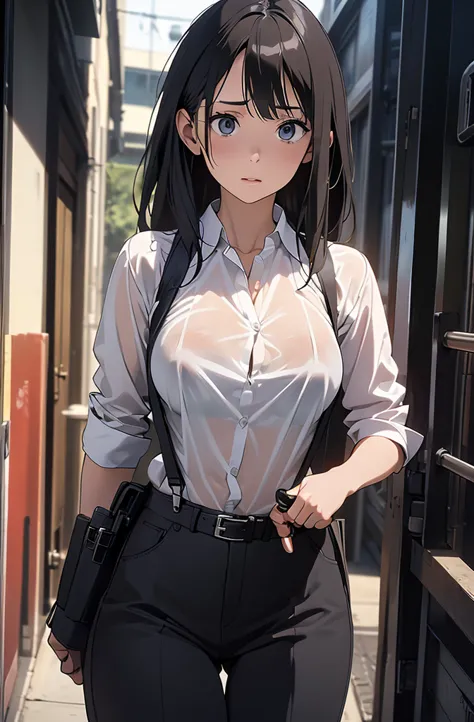 a woman in a suit, belt, hands behind back, sweating, suspenders, black pants, large breasts, see-through clothing, rain, detect...