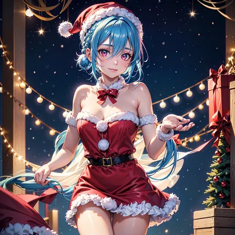 (Sky blue hair tied in a single strand:1.2),(Pink Eyes),Fair Skin,Full Body,Alone,smile,Santa Claus Clothes,Giant Christmas Tree in the Background,Snowy Night,Sparkling Night Sky,gift box,(Masterpiece, Top Quality, Very Detailed), Best Shadows,Detailed Background,Beautifully Detailed Face,High Contrast,Best Lighting, Very Delicate and Beautiful,Cinematic Light,Hyper Detail,8k,Dramatic Light,Exquisite Detail,Christmas colors,