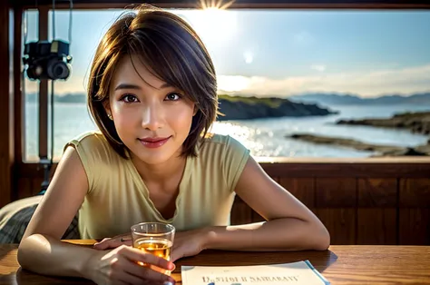 (realistic, 超realistic:1.4), 16k hdr, high resolution,brown short hair,the best smile、japanese actress,super beauty(like the rea...