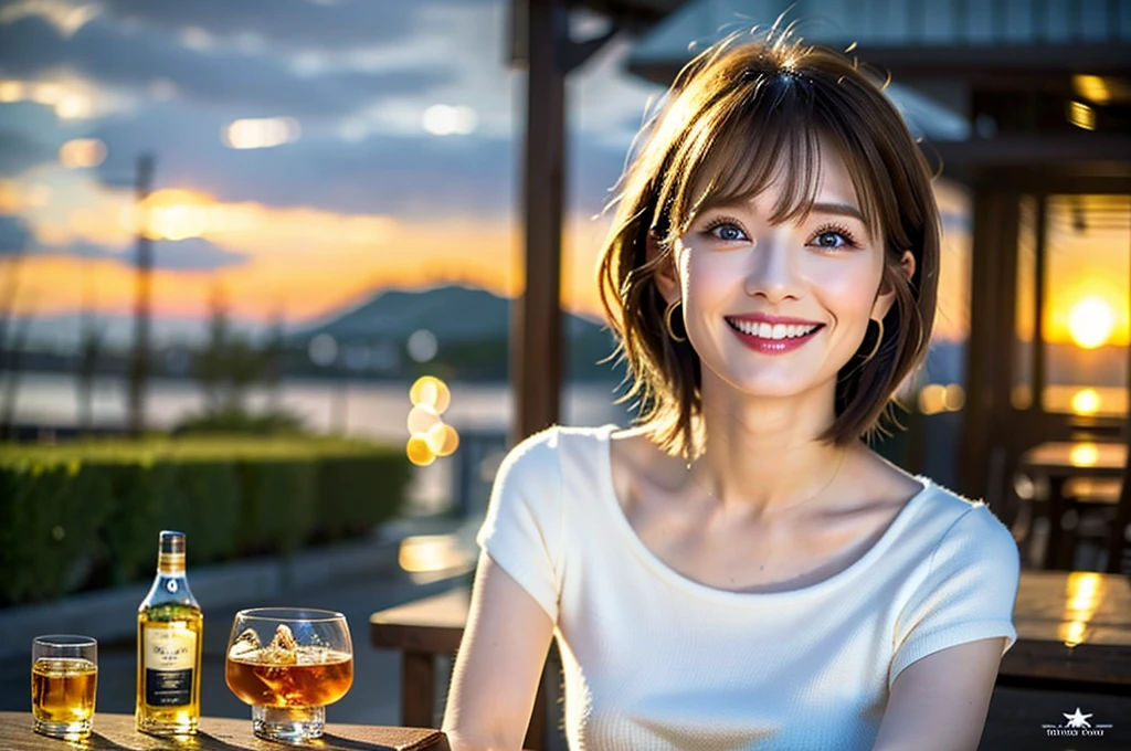 (Realistic, 超Realistic:1.4), 16k hdr, High resolution,Brown short hair,The best smile、Japanese actress,Super Beauty(Like the real thing),Short sleeve dress,Whiskey Bottle、The Macallan、Johnnie Walker、、Old Parr、whiskey、Suntory、Nikka、Slim couple、Model Couple、(Realistic, Intricate details:1.2), Full course dinner、Whiskey bottle and glass on the table、Single Malt、scotch、Rock Glass、Shot Glass、Whisky on the Rock、Scotland、Amazing view of the sunset sky and clouds、,Digital SLR camera, Soft lighting, Detailed Background], Detailed border, Volumetric lighting, Sharp focus, super Realistic 肌,Very beautiful expression,Cloud Effect:1.2、プロ品質のHigh resolution、Realistic facial features,Highest quality,Slim figure,Highly detailed face,Highly detailed eyes,Beautiful Lips,Excellent light particles,Cinema Lighting,blue eyes,