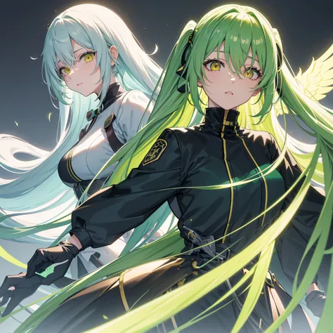 bangs covering the eyes, 傑pastel green long twin tails, yellow eyes, long bangs, making anime，highest quality, highly detailed f...