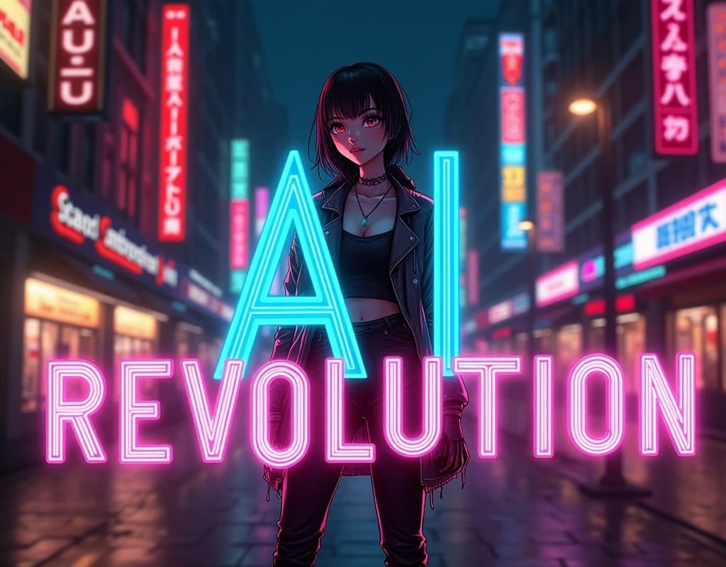 "AI revolution"{
	this is text.
	font-style:good rock design.
	font-color:colorful gradation.
	font-decoration:Fun gentle LED prism line.
}

background{
	Cyberpunk city neon street decorated with colorful gradients.
	Lively golden time at night.
	Colorful fashion young retro anime style woman.
}

"AI revolution" text art work.