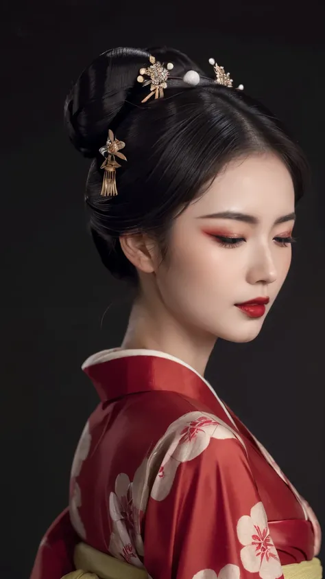 ((Top quality, 8k, Masterpiece: 1.3)), Sharp focus :1.2,   ((geisha)).   (()).   ((Body slim thin captivating)).   ultra-detailed face,   highly detailed lips,    detailed eyes,   long eyelashes,    Make-up face.   Red lipstick.  hair accessories,    hair Bun,  elegance,    enchanting,

((Red kimono)).  

((Only shows the face)).     ((Only shows the face)).    make-up face with lipstick,     both eyes closed,     both eyes closed,     both eyes closed,    both eyes closed,      both eyes closed,    both eyes closed,     ((Dark background))