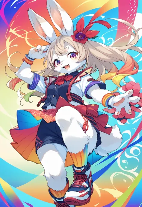 score_9, score_8_up, score_7_up, score_6_up, score_5_up, score_4_up, source_anime, source_furry, best quality, masterpiece, 1 female, (anthropomorphic rabbit, furry, kemono), (Colorful gradient with an emphasis on abstract design in the background:2.0), 