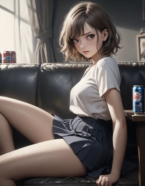 1girl, career woman in her 30s, short permed hair, navy skirt, tired expression, taking a canned beer from fridge, holding beer ...