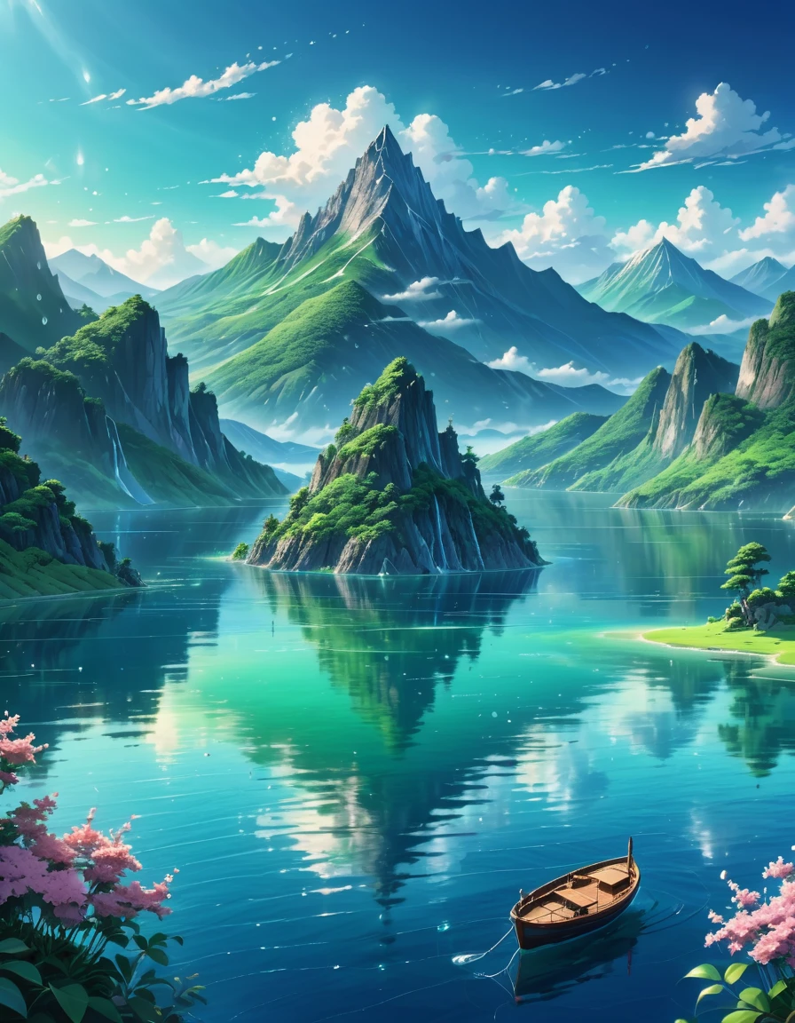 anime aesthetic, anime scenery, sailing boat in the center of a huge lake, blue sea, green island on the background,tall mountain on the background, glowing water drops in the air, bloom, bright light, perfect reflections, little waves, island on the background, little clouds, atmospheric perspective, view from side, perfect quality, super detailed, 16k, uhd