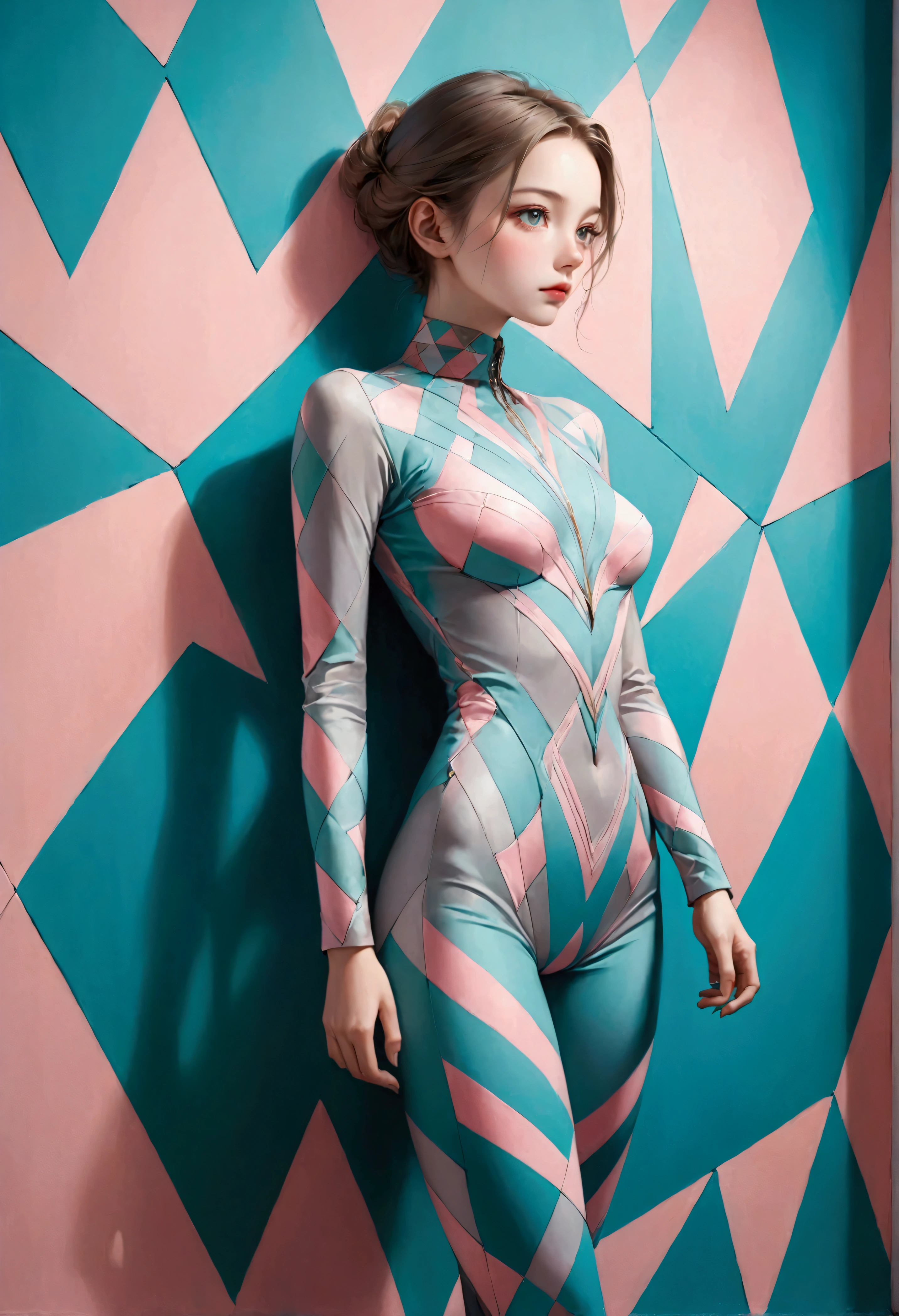 Create a stunning visual masterpiece featuring a beautiful female standing against a geometric, abstract-patterned wall. She wears a fitted outfit or body suit that is meticulously painted with the same geometric shapes and colors as the wall behind her—soft tones of beige, gray, pastel greens, and pinks—creating a mesmerizing visual illusion where her form blends seamlessly with the backdrop.

Her clothing is designed to perfectly align with the patterns on the wall, creating the effect that she is part of the background, yet her form stands out gracefully. The intricate, detailed paint on her outfit matches the geometric patterns of the wall, emphasizing the illusion without exposing any part of her body. Her expression is serene, reflecting calmness and harmony with her surroundings.

The composition should highlight the seamless connection between the subject and the environment, using abstract patterns and soft lighting to create an immersive and artistic visual. The use of a painted outfit ensures that the visual effect is tasteful, while still capturing the intended illusion of merging with the environment.