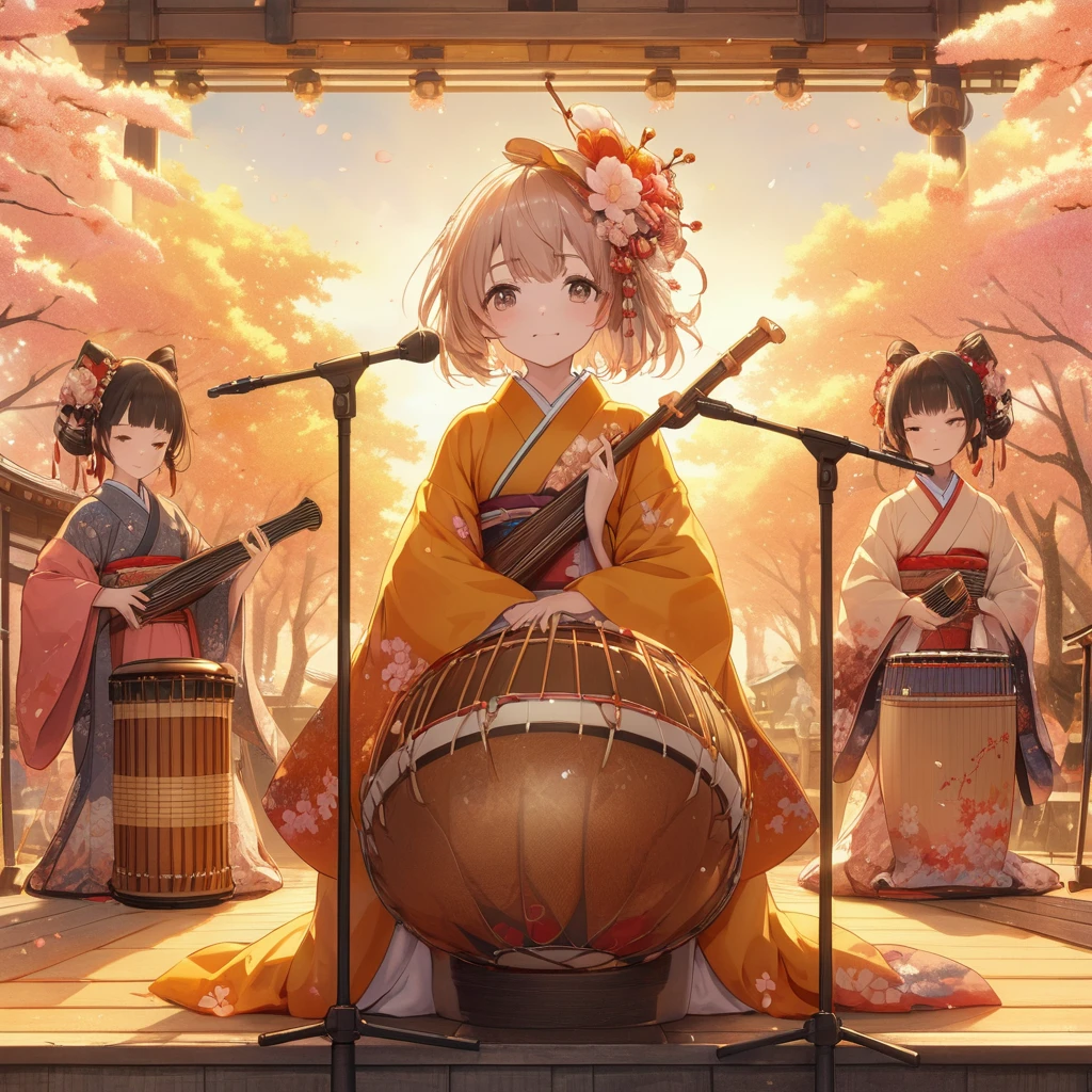 Outdoor stage with golden cherry blossoms、Japanese style musical instruments、かわいい着物を着た女の子達がJapanese style musical instrumentsを演奏している、High resolution, masterpiece, accurate, 最高quality, detail, High-resolution model, 高いdetail, 高quality, quality, Retina, Very detailed, Textured skin, Ultra high definition, anime, anime風, Japanese illustration style, 