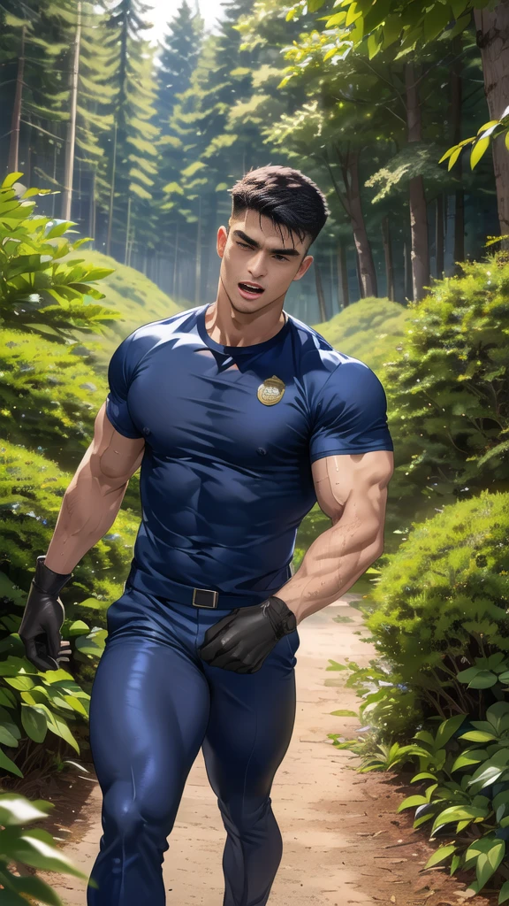 Handsome young man, (Thin mustache:0.8), alone,(Buzz cut:1.1), (navy blue tight-fitting round neck short sleeve T-shirt:1.3),(Police badge:1.2),navy blue cargo pants,(navy_gloves:1.3),,chest muscles,large arm muscles,blood vessel,big muscles,Broad shoulders,open mouth, (short hair:1.2), (Walking in the middle of the forest:1.3) ,(disgust:1.3),(Wounds and blood on the body:1.2), (Open your mouth wide:1.2), 