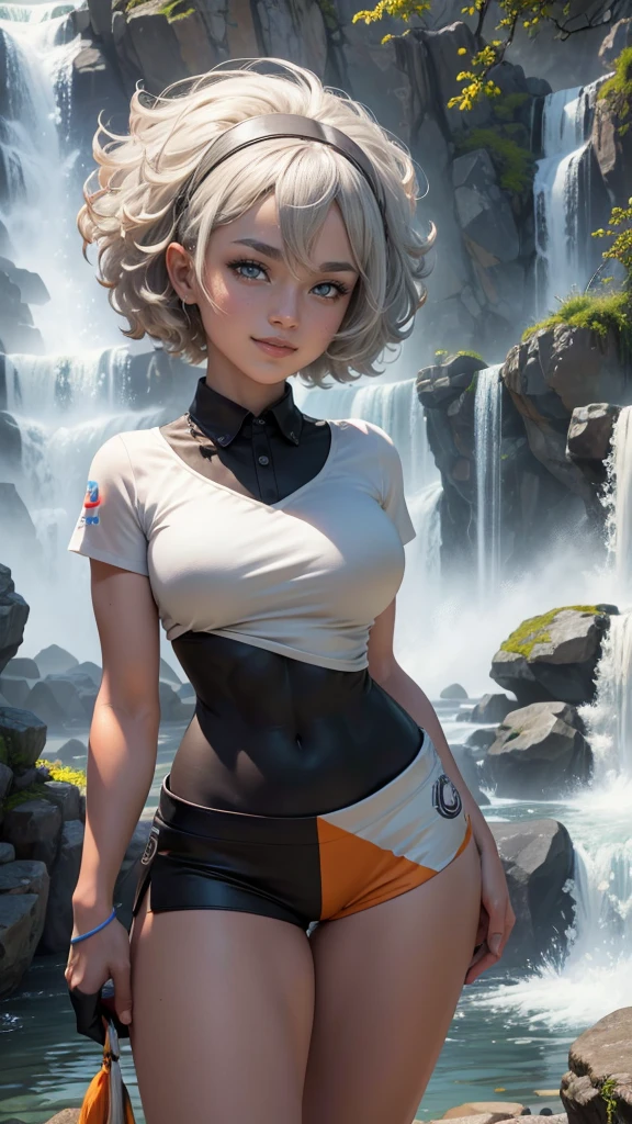 Bea da pokemon,(best qualityer,4K,8k,high resolution,work of art:1.2)(weather: windy), 1girl, solo girl, mountain view background, waterfall, short curly hair, gray hair, cropped shirt, micro shorts, thigh high stockings, headband, gloves, leotard, ultra detailed,realistic,beautiful detailed gray eyes, beautiful detailed lips,extremely detailed eye and face, long eyelashes,average,medium breasts,beaming smile, cute smile,powerful girl, bright coloured, dramatic lighting, wet body, meditating under the waterfall,