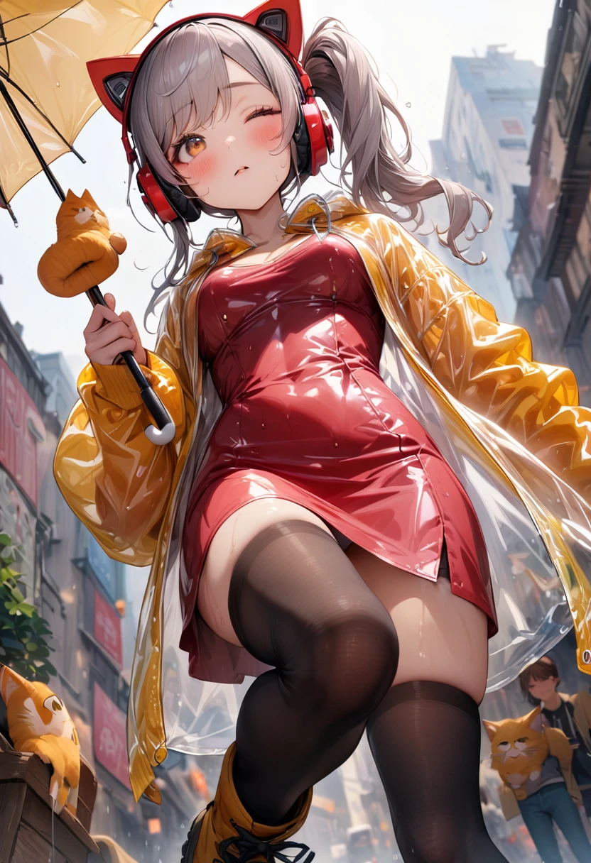 (best quality, masterpiece:1.2), 8k, very aesthetic, absurdres, high resolution, detailed face, official art, beautiful eyes, realistic, brown eyes, tareme, (side ponytail), long hair, silver hair, swept bangs, Mecha cat ears, headphone, food, (put on oversized Transparent raincoat), Sleeves that cover the wrists, (red pencil dress, silk dress), medium breasts, (cleavage:0.8), black thigh-highs, boots, (white panties, cameltoe:0.7), textured skin, BREAK zettai ryouiki, (hand holding umbrella), head tilt, one eye closed, parted lips, sigh, blush, sweaty, rain, full body, from below, (dutch angle:0.8), 