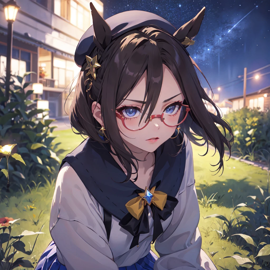 solo、alone、Horse ear girl、Wearing red glasses、Pink Lipstick、cheek。Blue sweater dress、Blue Skirt、Mini Hat、Hair accessories、Earrings、brooch。High resolution, masterpiece, accurate,  Winner of numerous awards, Highest quality,Serious、stare,  slouch、Close-up、Upward shot、Frog sitting、Night Sky、Starry Sky、Wind Effects