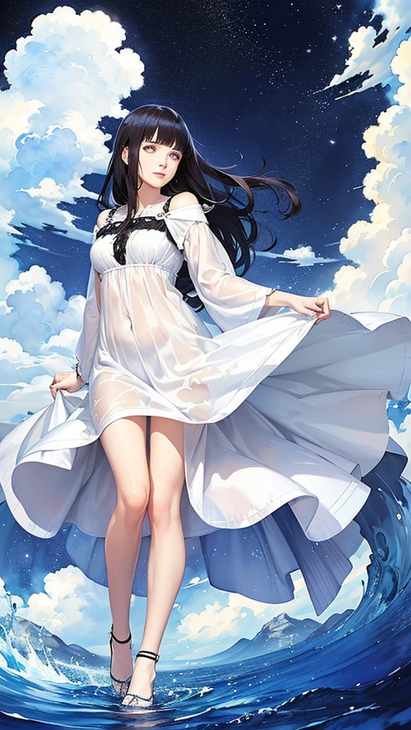 (masterpiece, Highest quality, Highest quality,watercolor (Medium),Official Art, Beautiful and aesthetic:1.2),(One girl:1.3), (Fractal Art:1.3), whole body, From a 30 degree angle, Make eye contact, pattern, Silky Hair ,water, liquid, cloud, Short dress, star空の, star, Sexy pose, red、black、white, pastel colour