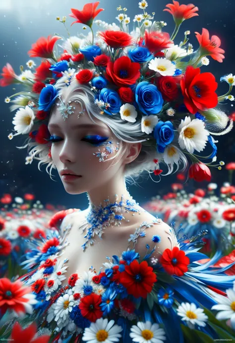 ballerinas at, white blue and , dresses made of fresh red flowers, ultra high quality model, masterpiece, sharp focus, depth of ...