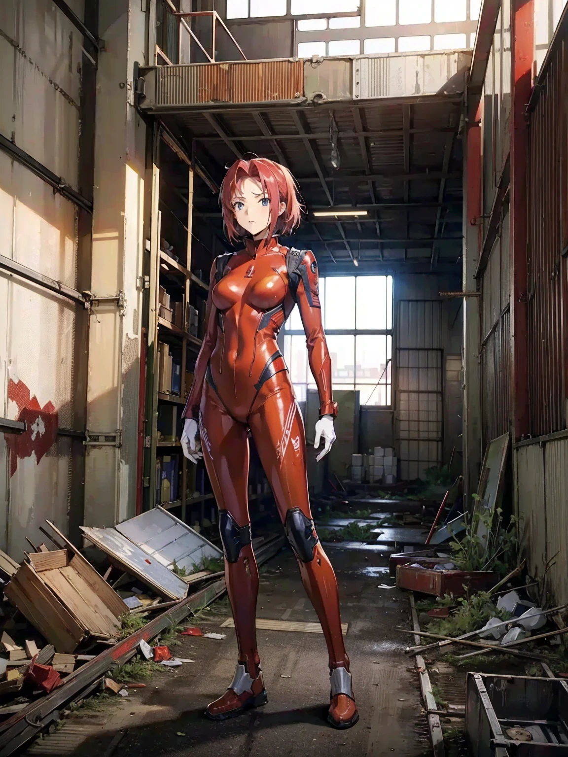 Karen Kouzuki、Highest quality, masterpiece, High resolution, alone,Red pilot suit, (White Space、deserted warehouse、Abandoned factory warehouse in a future city),