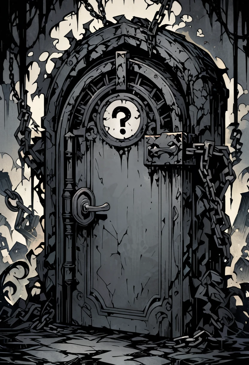 high-definition 8k comicish artwork of massive thick white question mark at the center, underground detailed gloomy grey door on the background, locked with chains and lockmasterpiece, simple, thick outlines style
