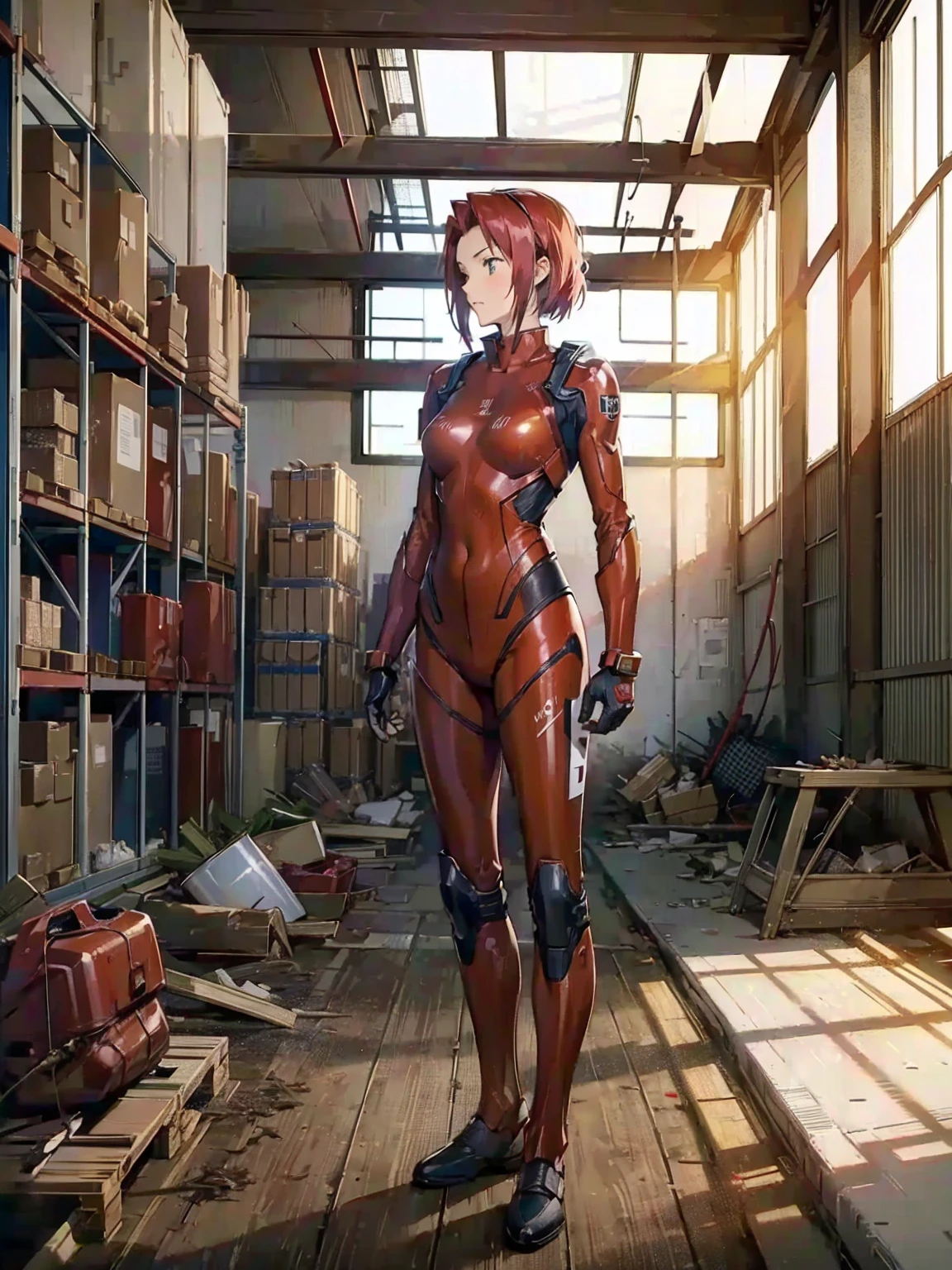 Karen Kouzuki、Highest quality, masterpiece, High resolution, alone,Red pilot suit, (White Space、deserted warehouse、Abandoned factory warehouse in a future city),