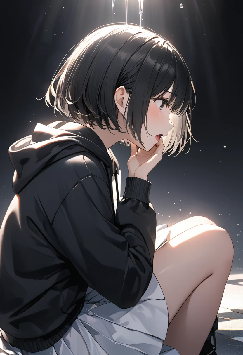 anime、((Amazingly absurd)),(masterpiece:1.2),超High resolution, Attention to detail, high quality, High resolution, 最high quality, 4K, 8k、One woman、Black hoodie、White Skirt、Black Hair、short hair、Sitting in Pétain、Are crying、profile、Open your mouth、Atmosphere of despair、White and black background、Reach out in front、To ask for help、Light shines in from the direction of your outstretched hand、it&#39;s raining、A look of despair、3rd person perspective、Side view composition