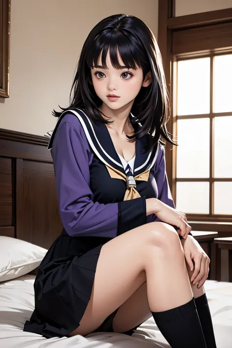 (8k、Highest quality、masterpiece:1.2)、(Realistic、Ultra-detailed、Ultra-high resolution、Beautiful detailed face,Perfect body,(One girl,Long black hair),(school uniform,Sailor suit,[Purple Shirt,Navy Skirt,White Thailand),Put your knees on your chest,Cleavage,From the side,(Bedroom,underwear)