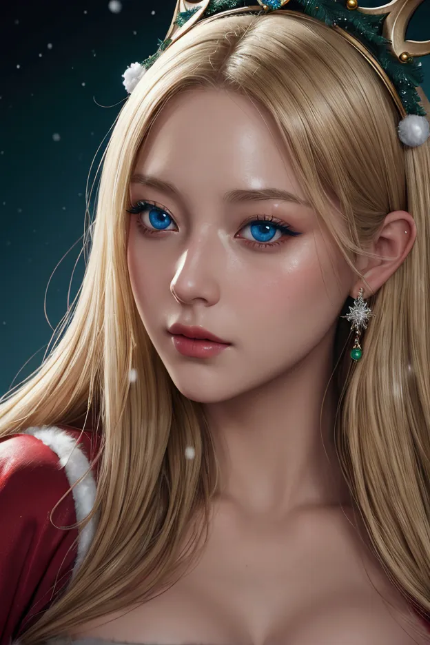 a beautiful empress portrait, big boob, blonde hair, perfect blue eyes, with a brilliant, impossible striking big christmas head...