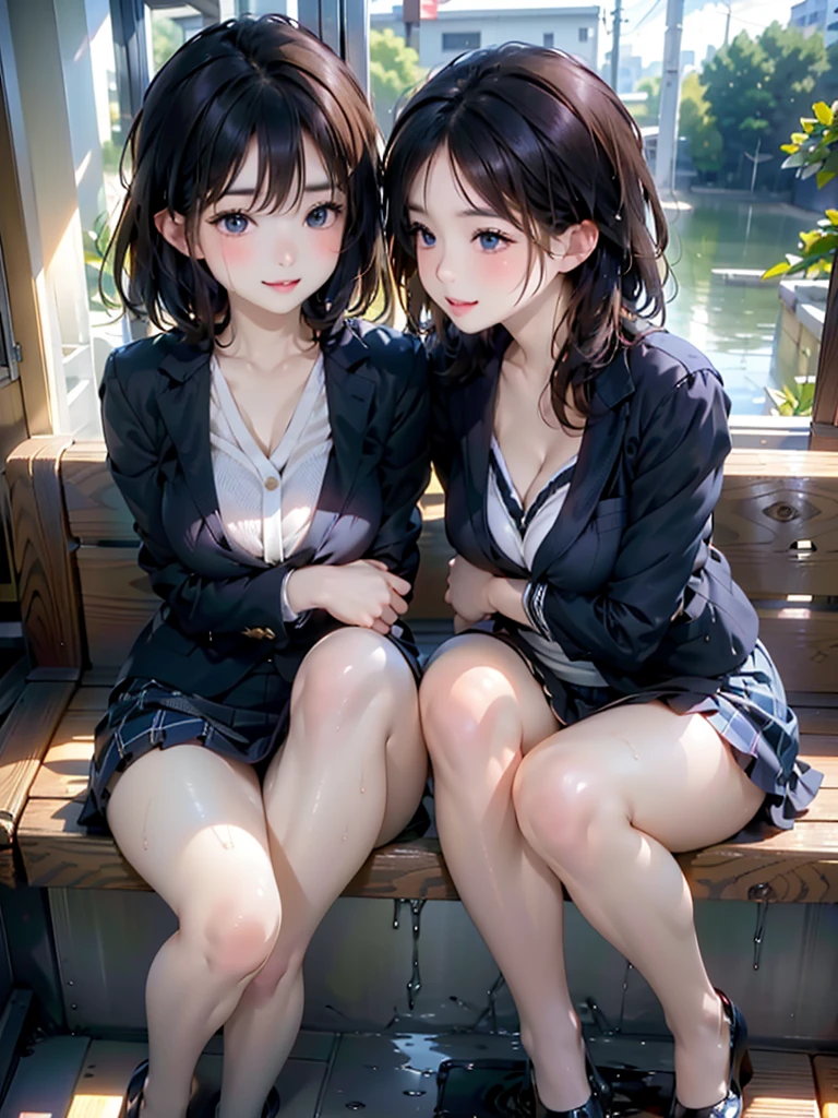 (masterpiece:1.2, Highest quality), Very detailed, (Realistic, photoRealistic:1.4), Beautiful illustrations, (Natural Side Lighting, Cinema Lighting), Written boundary depth, ((Two women are hugging and their cheeks are close together.))､(Schoolgirl uniform)､Beautiful and precise hair, Beautiful Face,((Sensual look))､ Beautiful attention to detail, Beautiful clavicle, Beautiful body, Beautiful breasts, Beautiful thighs, Beautiful feet, Beautiful fingers, Perfect Style, ((My whole body is wet and shiny:1.3))､ Perfect Face, Cute and symmetrical face, ((The woman on the left has black hair.､Short Bob, White and navy blue sailor suit)､Navy blue mini skirt), ((The woman on the right has short blonde hair.､Blazer uniform､Tartan check mini skirt)), Blue eyes, Long eyelashes, (Small breasts), Glowing Skin, with a park in the background, (Composition from the front), (Cute Smile, Upward glance),(blush､An innocent smile)､
Panties、Elevate your legs、M-shaped legs、A sneak peek