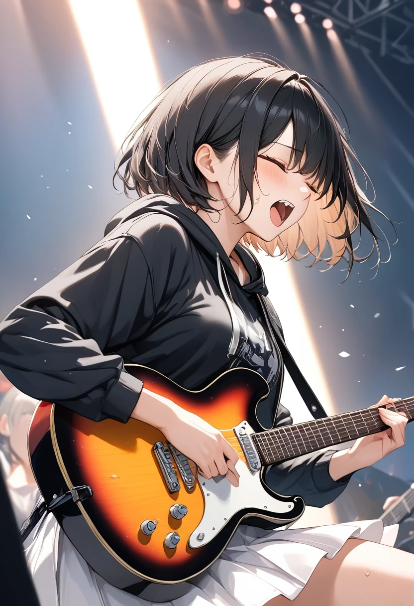 anime、((Amazingly absurd)),(masterpiece:1.2),超High resolution, Attention to detail, high quality, High resolution, 最high quality, 4K, 8k、Pulling the guitar、Electric guitar、Black hoodie、White Skirt、Black Hair、short hair、On stage、Grit your teeth、Painful expression、Sweat、Close your eyes、Open your mouth wide、shout、Angle from a diagonal、Overall image