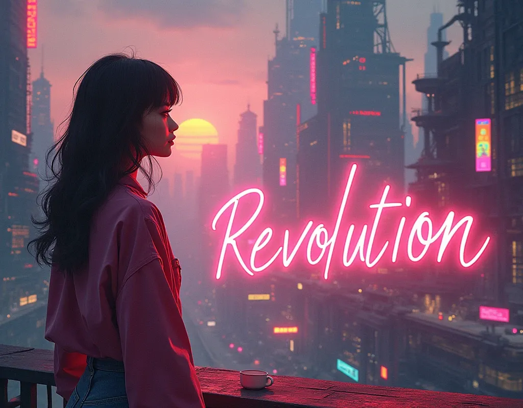 "AI revolution"{ this is text. font-style:good calligraphy design. font-color:colorful gradation ink. font-decoration:sacred gentle LED prism line. } background{ archaic Cyberpunk city decorated with Gradation of emotional warmth. Quiet and relaxing scenery. Colorful fashion young retro anime style woman. } "AI revolution" text art work.