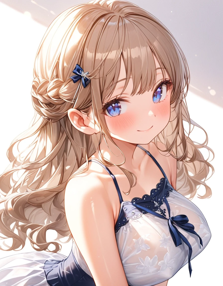 (SuperQuality:1.0) ~ (SuperQuality:1.2), A shy yet affectionate girl, (petite fram:1.5), Semi long and soft wavy hair, light brown hair, ribbon tied on the side, casual clothes , large gentle amber eyes, deep blue eyes, soft oval face with slightly rounded cheeks, soft contours, (large breasts, natural round breasts, Fcup, slender waist), delicate and natural curves, standing in a relaxed and shy pose, smiling softly, hair slightly flowing in a gentle breeze, detailed facial features, soft lighting, ultra high detail, 8k ultra high resolution, emphasizing her kind and gentle personality, subtle background, natural lighting, soft shadows, (ultra high quality), (8k ultra high resolution), highly detailed skin, smooth lighting, soft breeze in hair, (premium details), subtle blush, elegant posture, (premium details), soft lighting, subtle shadows, highly detailed face, smooth skin texture, subtle blush, soft lighting on hair, natural shadows