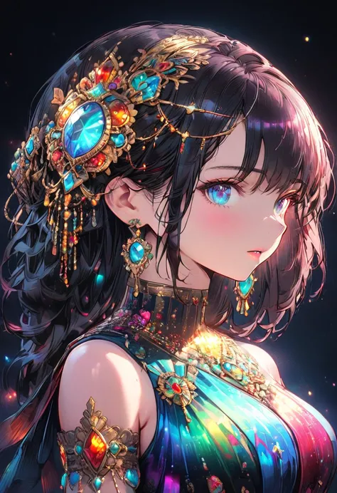 (super detail, high details, best quality, highres, uhd, 16K, masterpiece:1.2, Highest quality:1.25), (Ruby, garnet, Aquamarine, Topaz, Emerald, Black Onyx, diamond, amber, lapis lazuli), One Girl, ((The body is made of jewels:1.25, Full body portrait:1.3, 髪はEmeraldとAquamarine:1.1, Her eyes are made of sapphire:1.2, A body made of colorful jewels)), Dancing like a ballerina:1.2