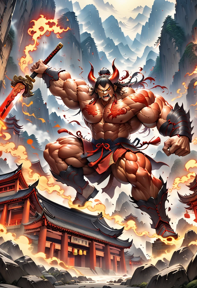 Ultra Quality, Extremely Detailed, High Resolution, Chinese Demon, angry eyes, Warrior, Swordsman, muscular body, old mountain temple, ready to attack, Chinese mythology, powerful and muscular build, dynamic angle, aura, red body, horns, glowing yellow eyes