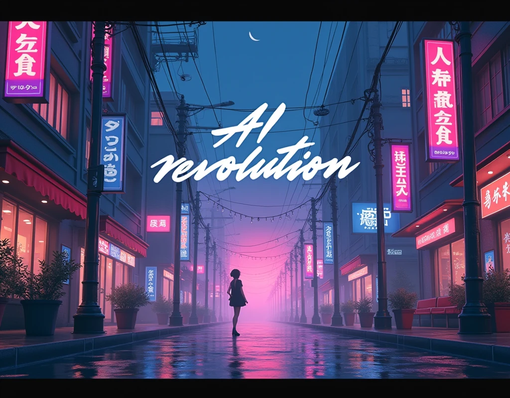 "AI revolution"{ this is text. font-style:good calligraphy design. font-color:colorful gradation ink. font-decoration:sacred gentle LED prism line. } background{ archaic Cyberpunk city decorated with Gradation of emotional warmth. Quiet and relaxing scenery. Colorful fashion young retro anime style woman. } "AI revolution" text art work.