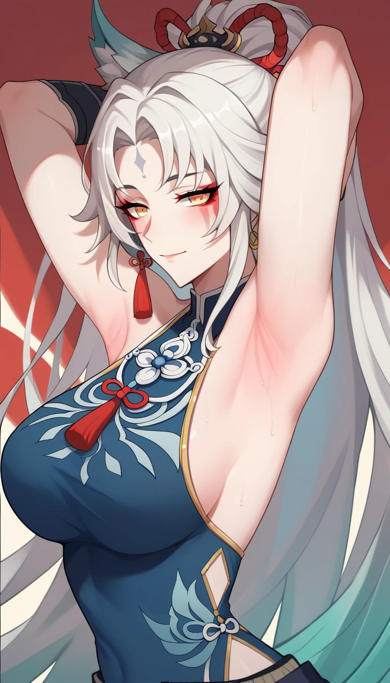 anime girl with long white hair and blue dress posing, white haired deity, by Shitao, seductive anime girl, white haired, perfect white haired girl, white haired lady, white-haired, onmyoji portrait, white - haired fox, onmyoji, anime goddess, armpits