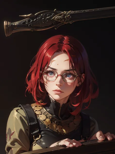 a fierce woman with long red hair, glasses with scars on her cheeks, wearing wild clothing, holding a large sword, intense gaze,...