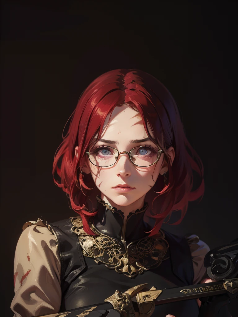 a fierce woman with long red hair, glasses, scars on cheeks, wild clothing, holding large sword, intense gaze, fantasy scene, digital painting, dark fantasy, intricate details, dramatic lighting, vibrant colors, cinematic composition, (best quality,8k,highres,masterpiece:1.2),ultra-detailed,(realistic,photorealistic,photo-realistic:1.37)