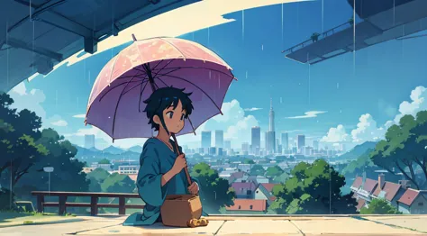 ghibli-style anime man listening to music　ghibli-style illustrations　jazz　rain　city pop